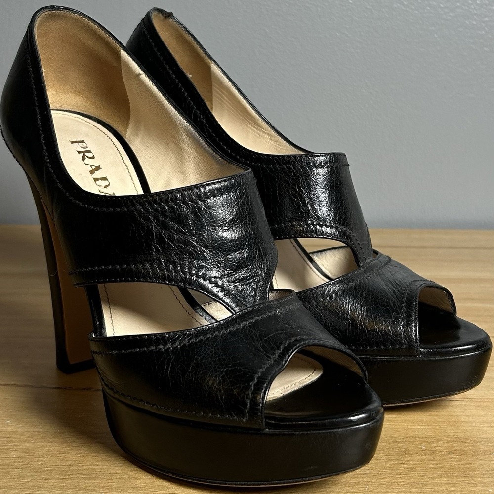 Prada Black Leather Cutout Platform Open Toe Stiletto Pumps